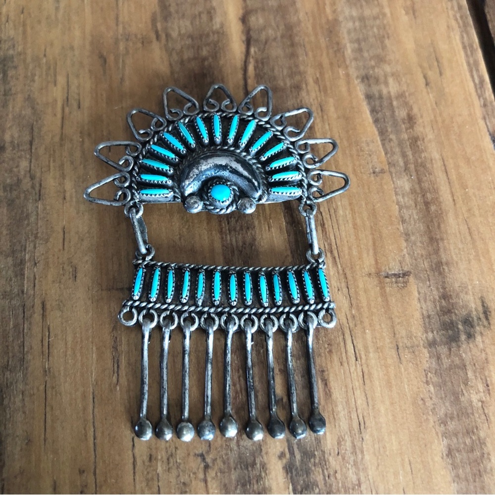 Vintage S N Sanchez Zuni New Mexico Pin/Pendant  Sterling Silver Tuquoise
